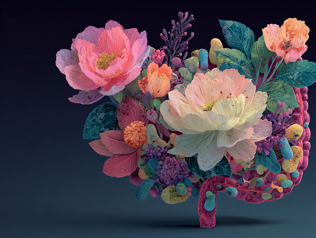 Intestino simbólico com microbiota rica, bactérias e flores representando equilíbrio, em estilo flat.