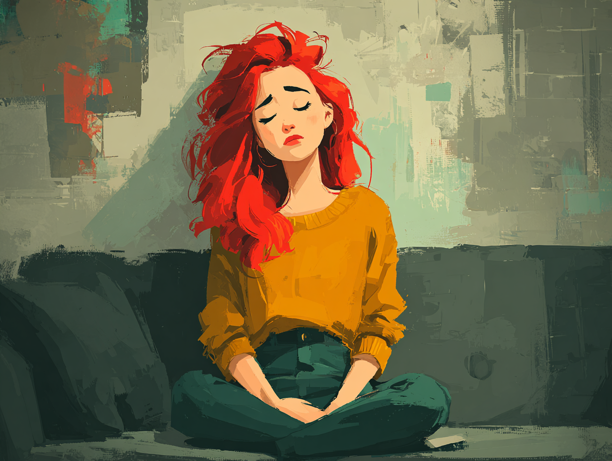 Ilustração de mulher ruiva introspectiva, simbolizando os sintomas silenciosos que indicam a necessidade de um protocolo desparasitação humana.