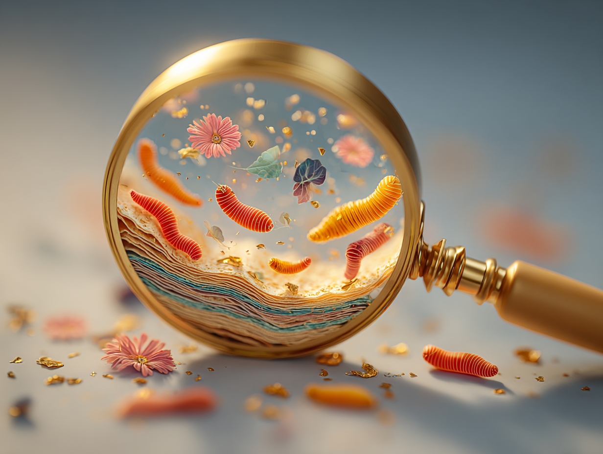 Ilustração simbólica de uma lupa visualizando larvas agradáveis sob a pele, representando vermes que causam coceira na pele.