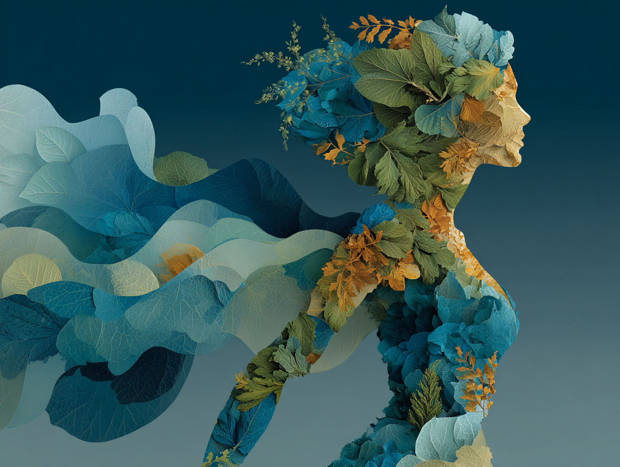 Imagem simbólica representando a integração da saúde funcional, com elementos naturais, luz suave e sobreposição de plantas, sistema digestivo e equilíbrio.