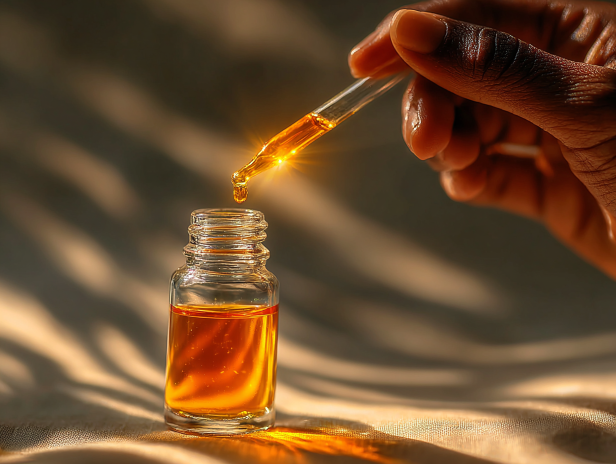 Mão de mulher negra manipulando a tintura de nogueira com conta-gotas, em ambiente limpo e suave.