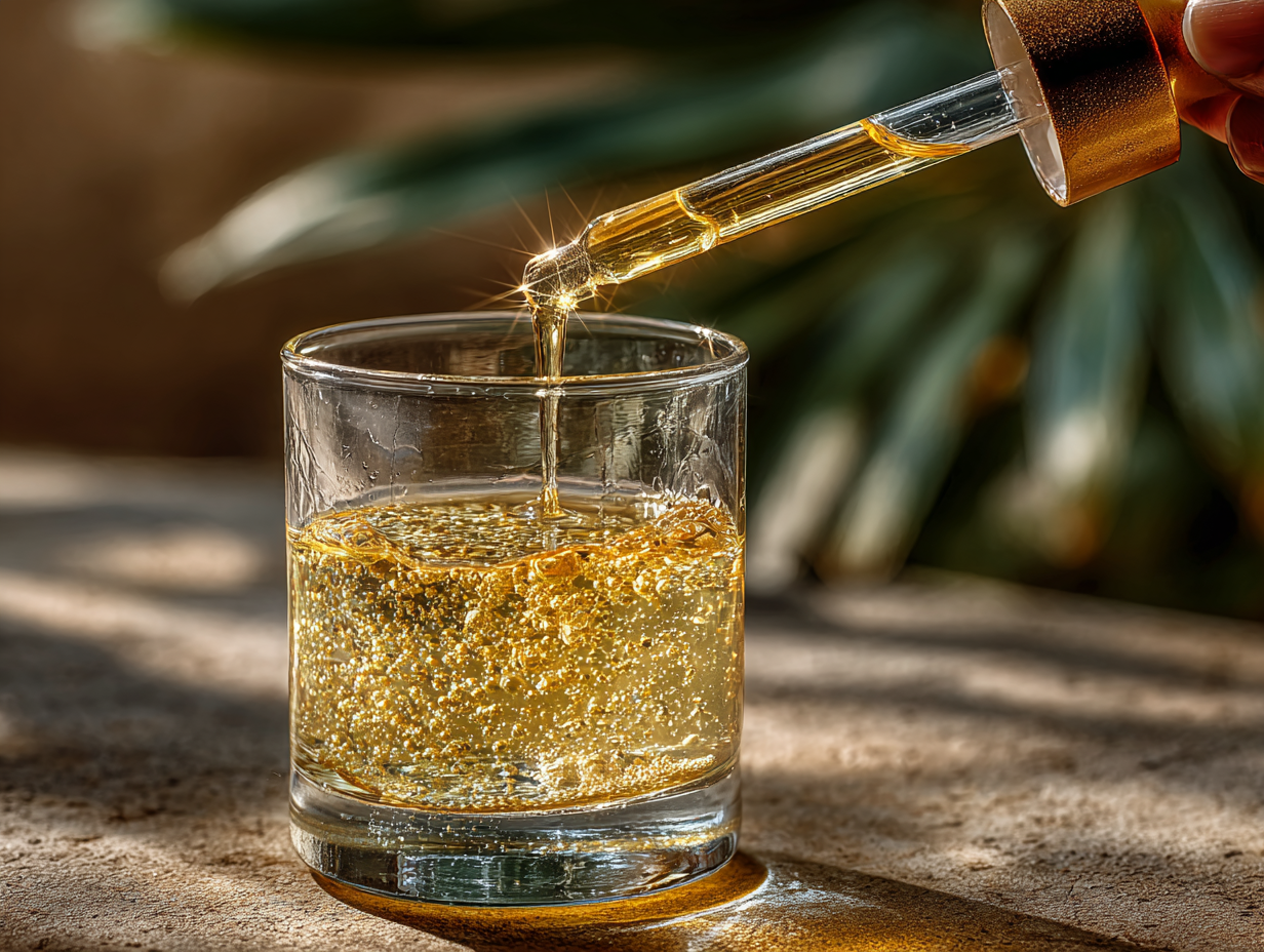 Mão delicada segurando conta-gotas de tintura de nogueira, colocando gotas em um copo.