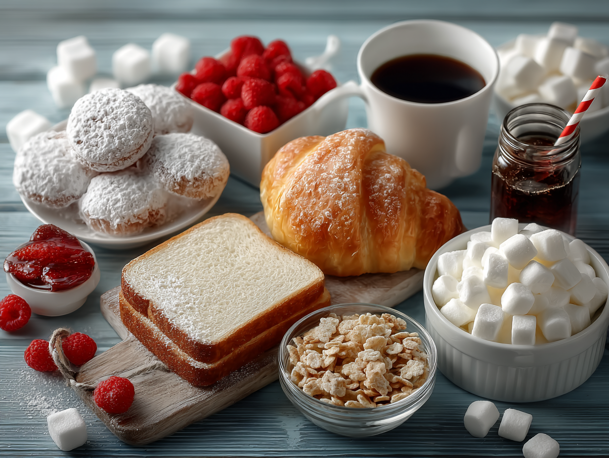 Foto realista de mesa com alimentos ultraprocessados e açucarados, como doces, pães e refrigerantes.