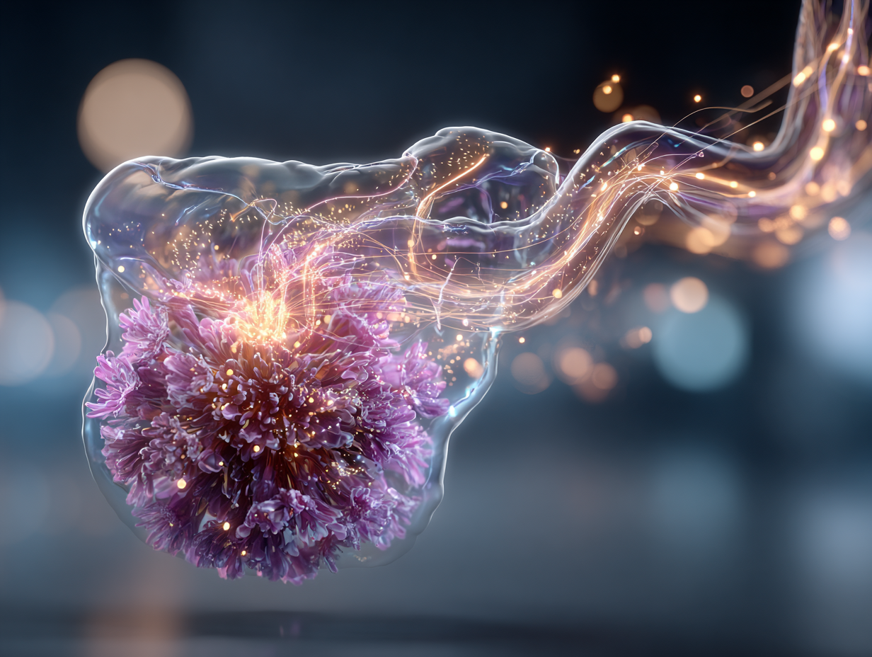 Ilustração simbólica do metabolismo sendo afetado por vermes intestinais, com destaque para fluxo digestivo alterado e interferência nos nutrientes.