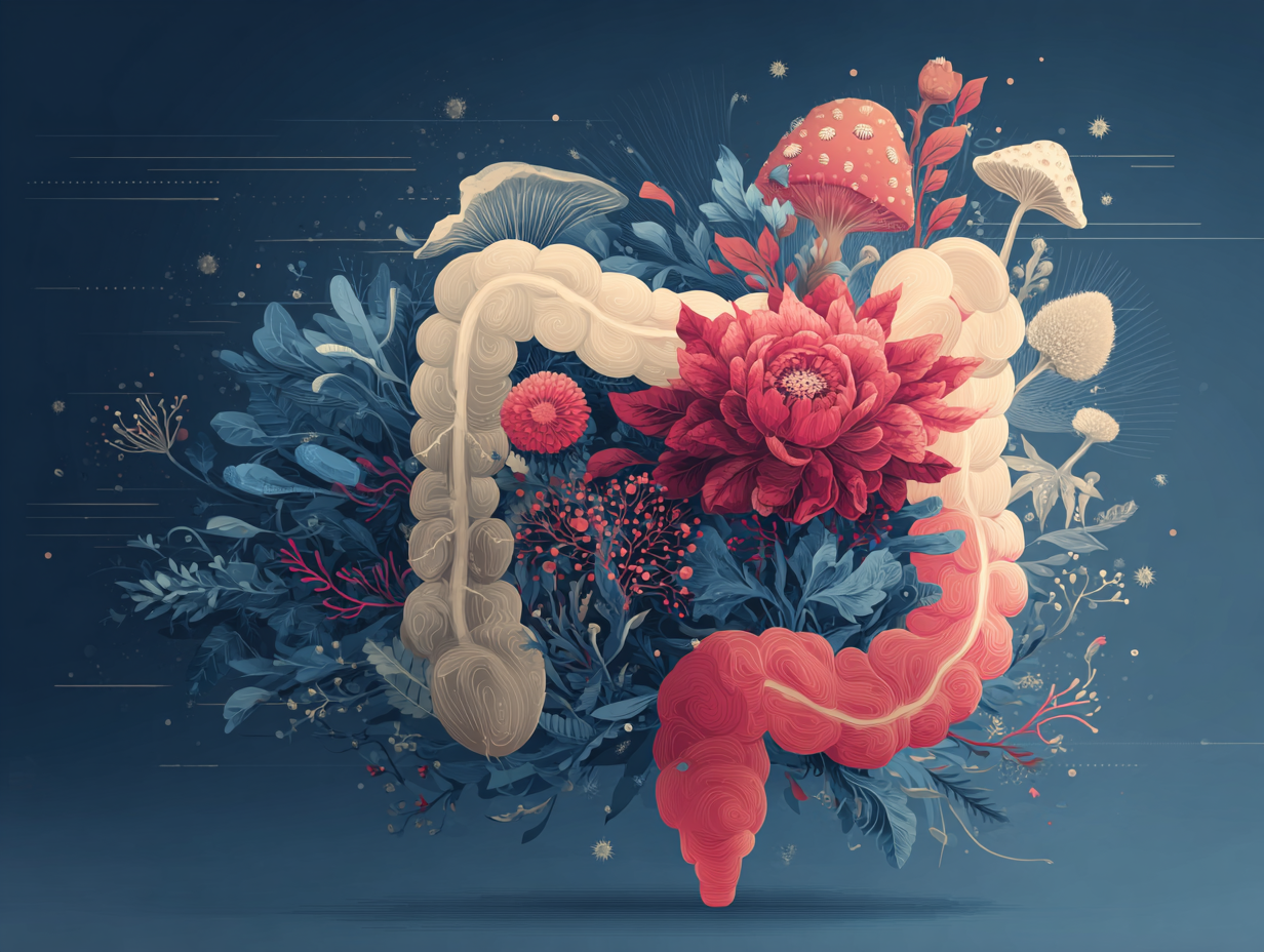 Ilustração representando disbiose intestinal com desequilíbrio entre bactérias boas e más devido a candidíase recorrente