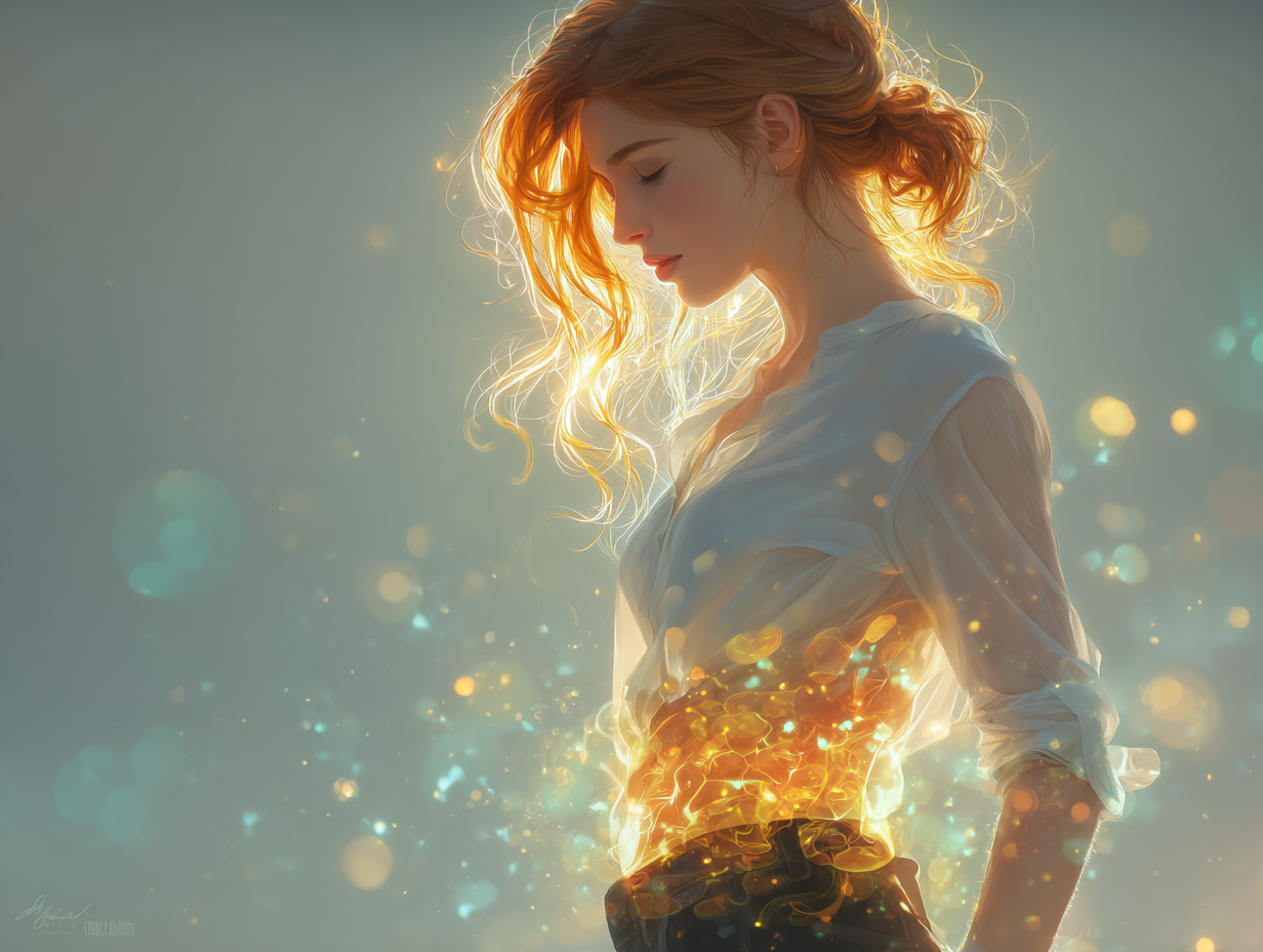 Mulher ruiva com destaque simbólico na região abdominal, ilustrando o papel da microbiota no tratamento funcional