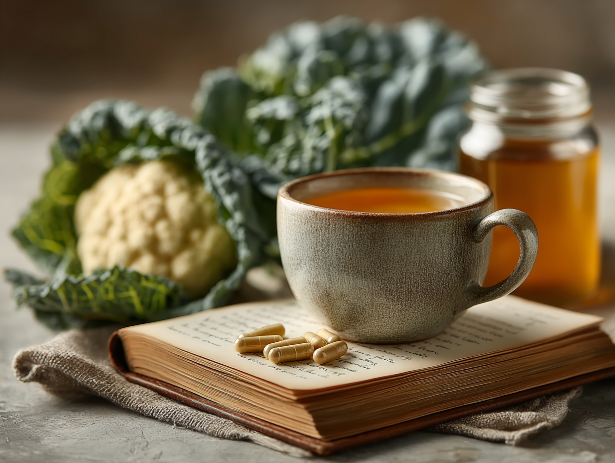 Mesa com alimentos naturais e suplementos usados em protocolos funcionais para apoiar a microbiota durante a desparasitação