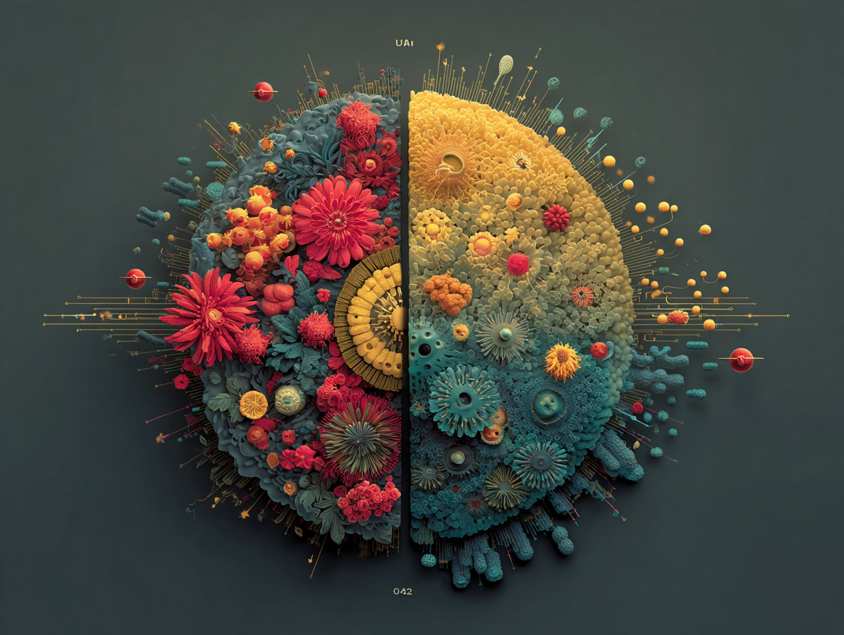 Ilustração flat mostrando uma microbiota dividida entre equilíbrio e desequilíbrio, simbolizando a disbiose intestinal