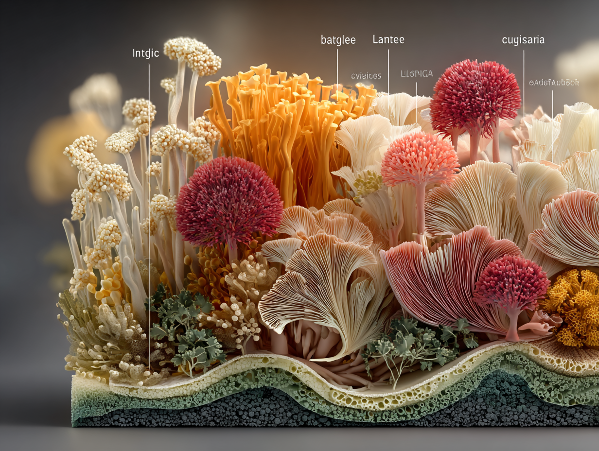 Ilustração anatômica da flora vaginal saudável e desequilibrada com destaque para lactobacilos e Candida.