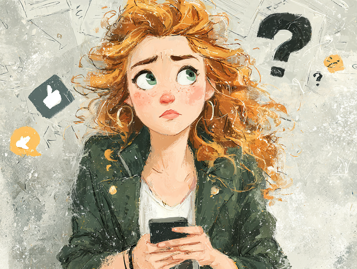 Mulher ruiva confusa ao ver informações conflitantes sobre desparasitação e emagrecimento.