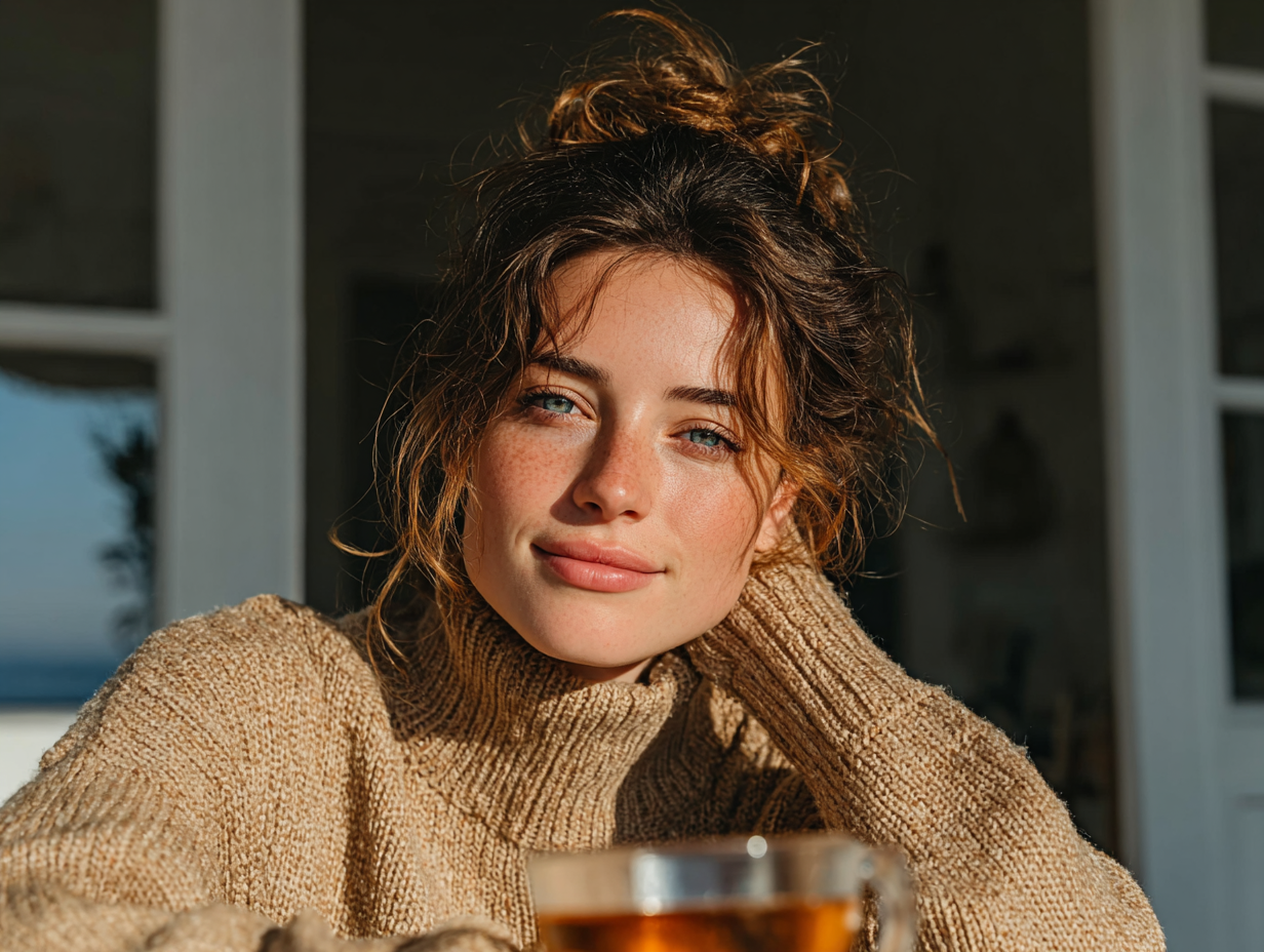 Mulher brunete sorrindo suavemente, tomando chá em ambiente leve e arejado, simbolizando o bem-estar após o protocolo de desparasitação.