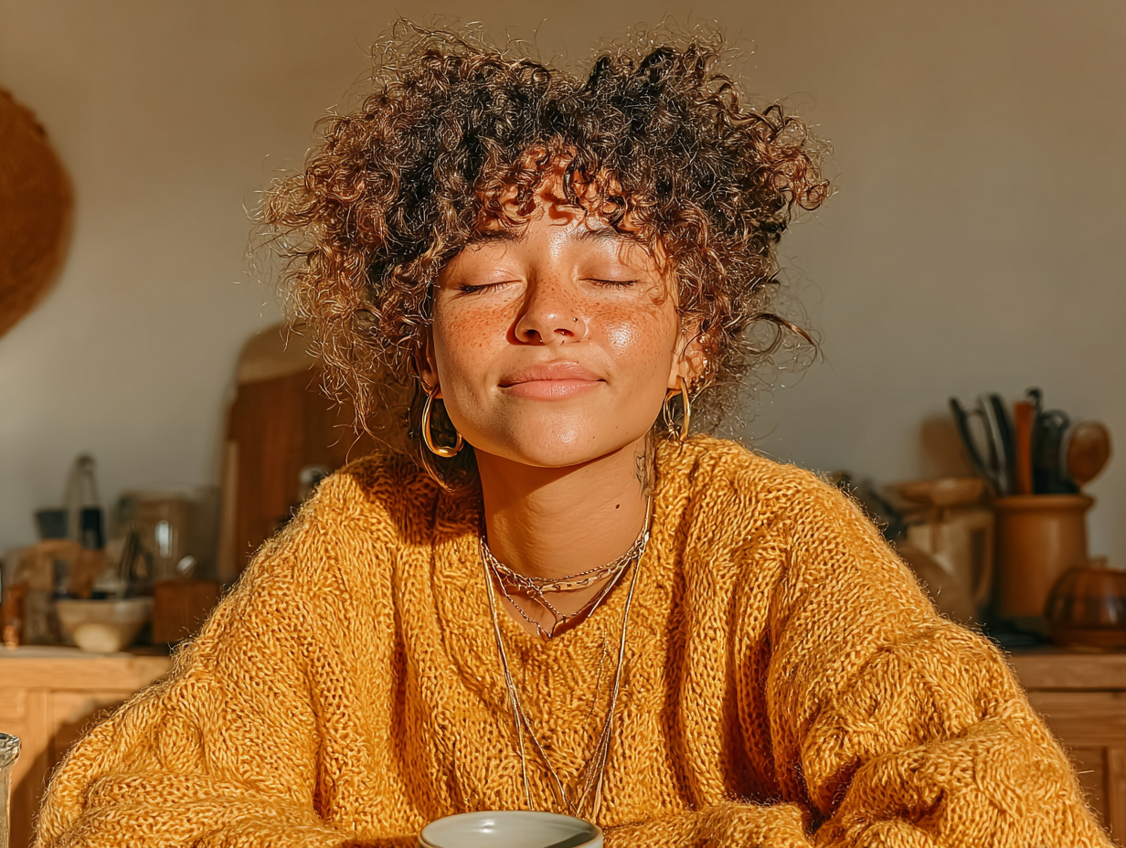 Mulher negra tranquila tomando chá em ambiente clean, simbolizando bem-estar após o uso consciente da tintura de nogueira.