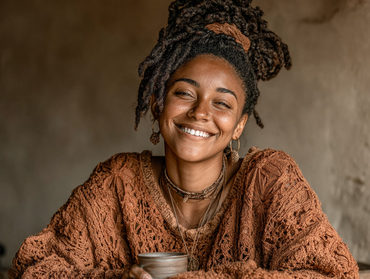 Foto clean de mulher negra sorridente com uma xícara de chá, em ambiente calmo, representando bem-estar e alívio.