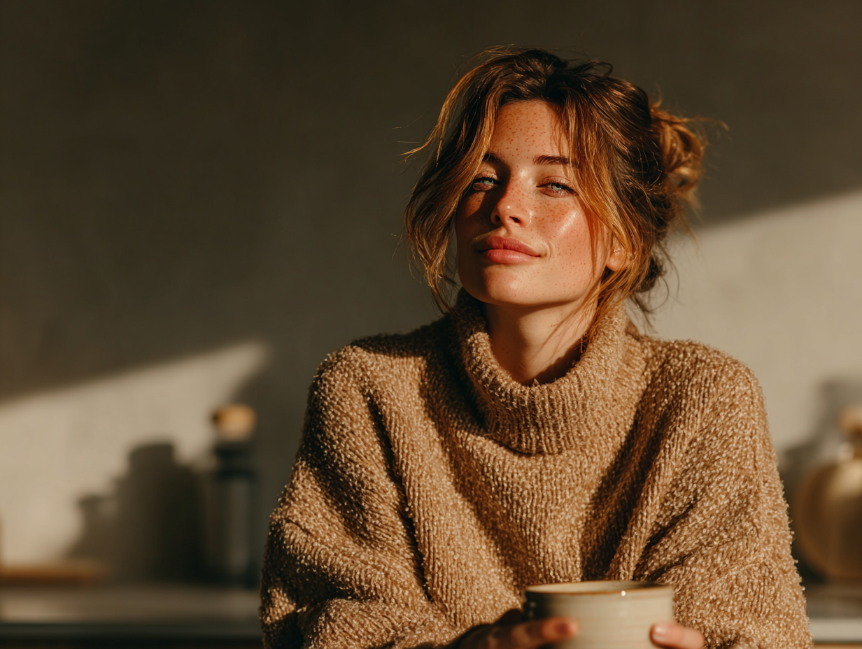 Mulher brunete relaxada tomando chá em ambiente clean, simbolizando o bem-estar após o uso consciente da tintura de nogueira negra Hulda Clark.