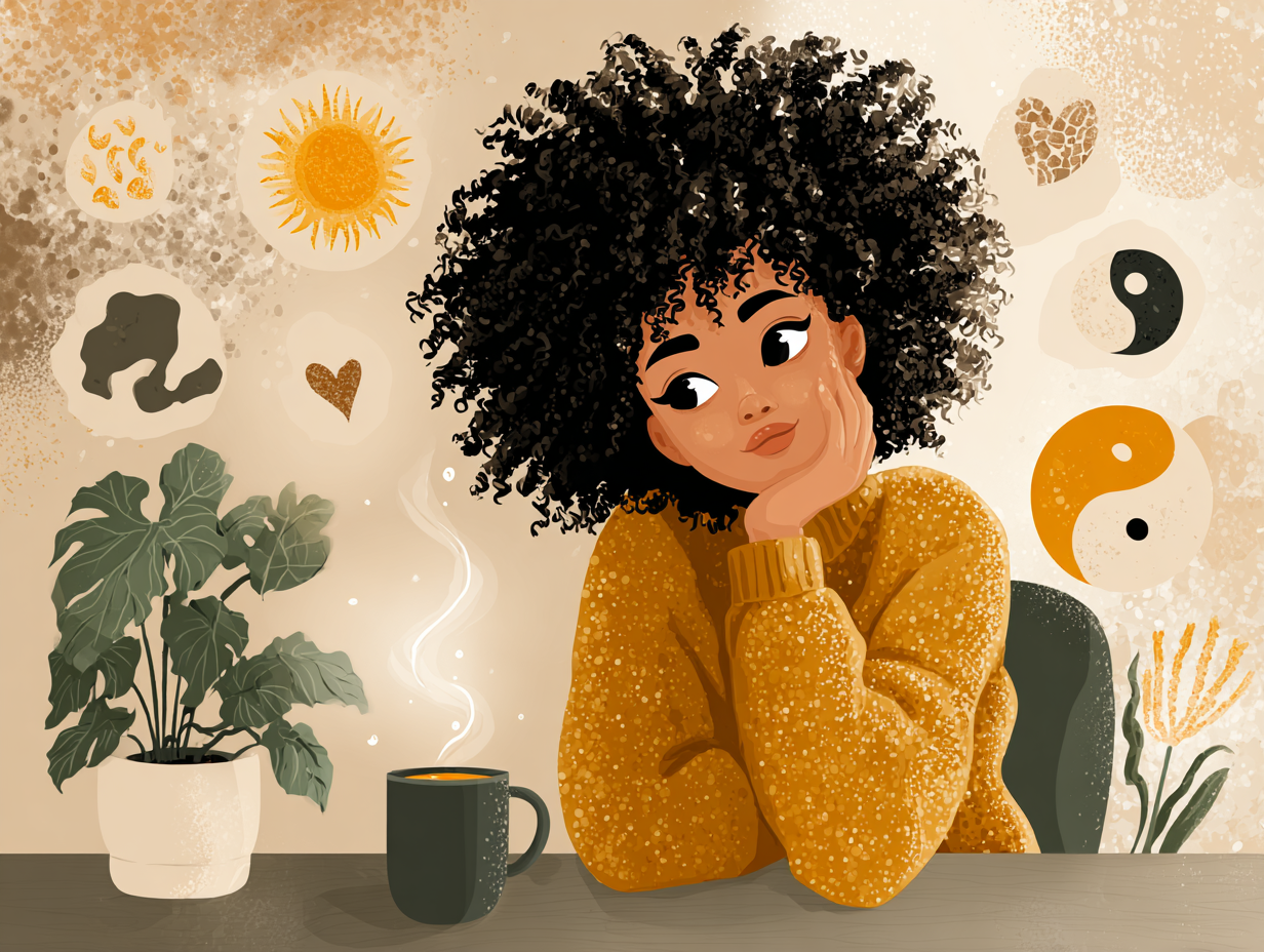 Ilustração flat de mulher negra radiante, tomando chá antifúngico com símbolos de saúde integrativa ao redor