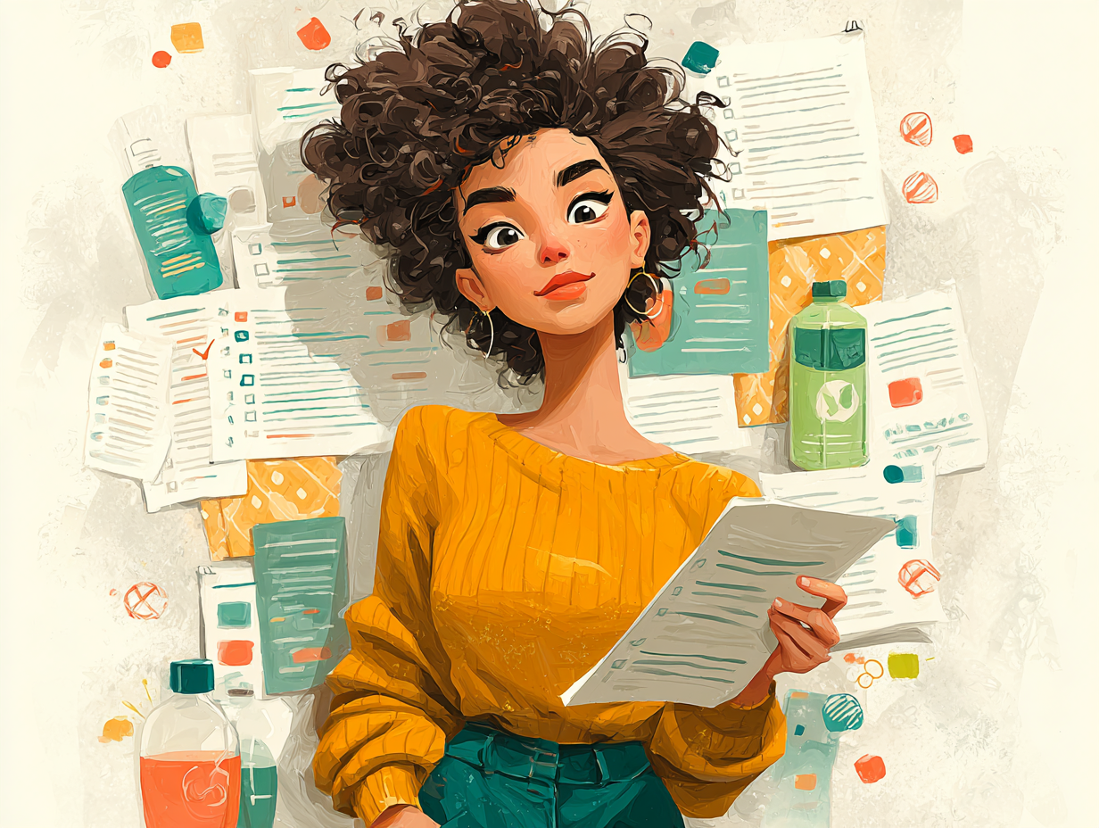 Ilustração flat de mulher negra observando checklist com símbolos do que evitar na candidíase