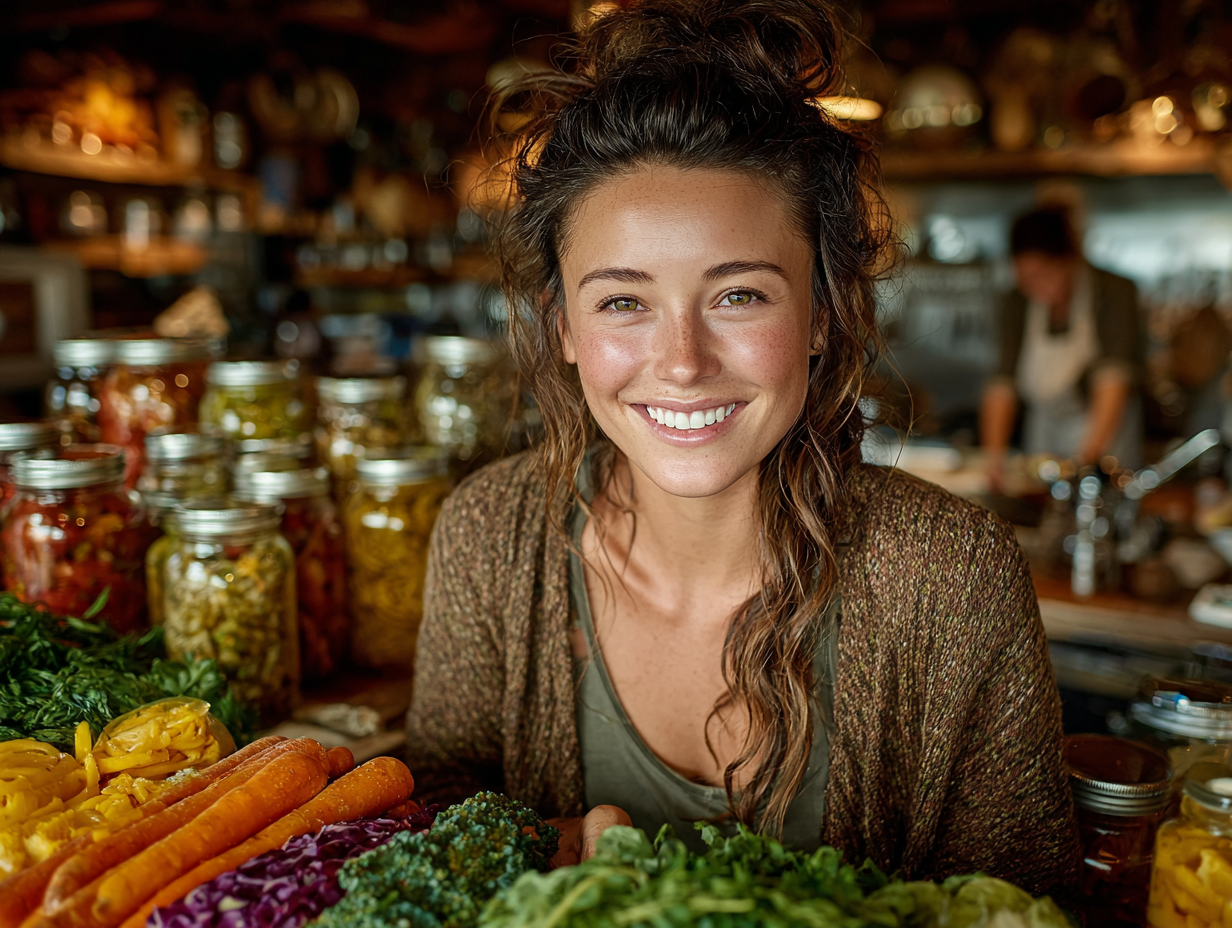 Mulher brunete preparando refeição natural e anti-inflamatória, simbolizando o suporte alimentar na queda de cabelo causada por vermes intestinais.