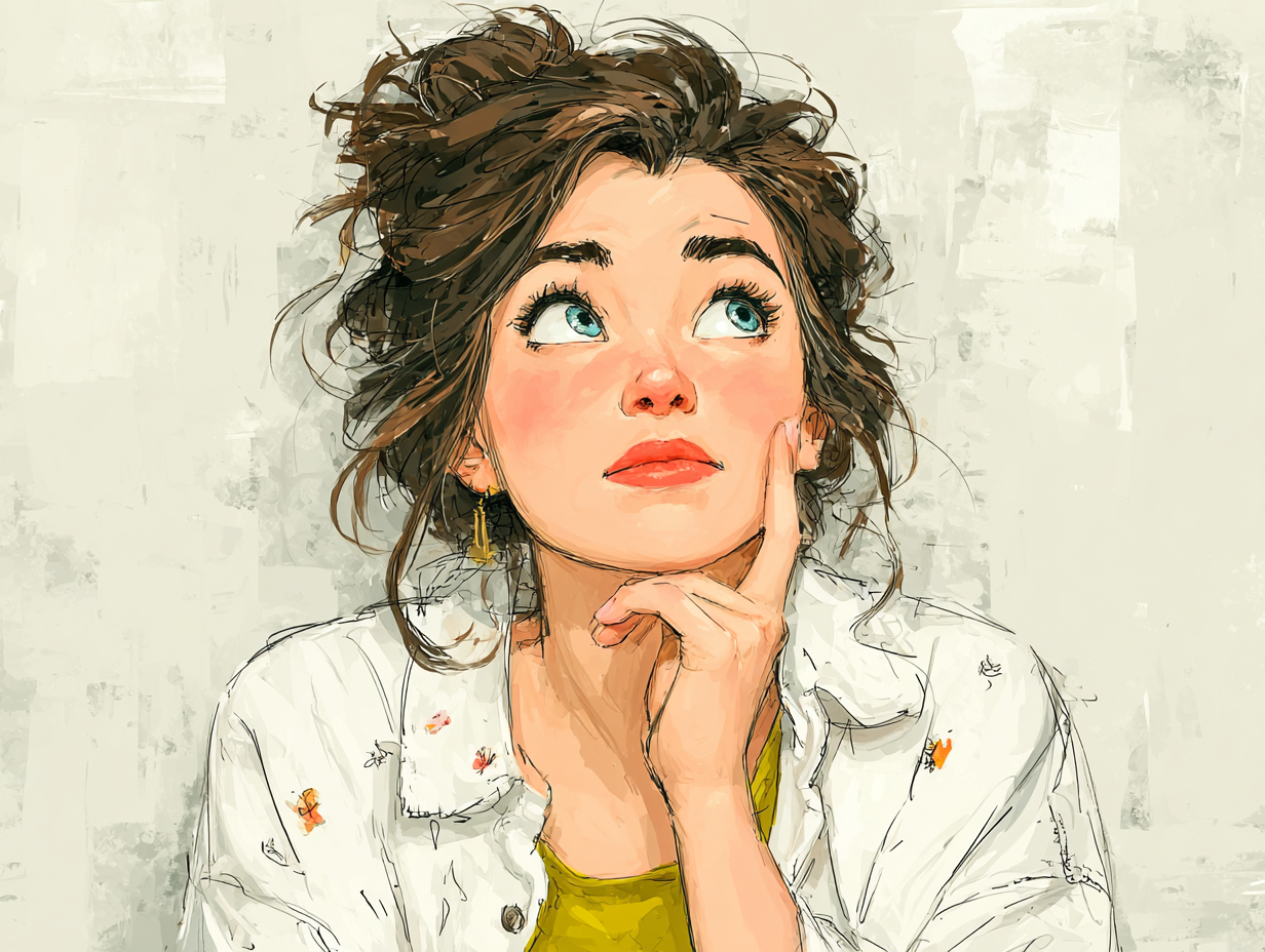 Mulher morena em pose pensativa, com a mão no queixo e olhar voltado para cima, representando dúvida sobre a origem de enjoos persistentes e possibilidade de vermes.