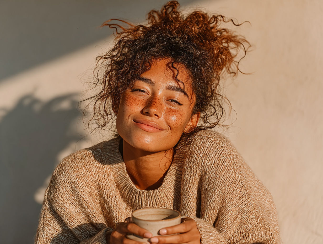 Mulher negra feliz tomando chá após concluir a desparasitação com tinturas.