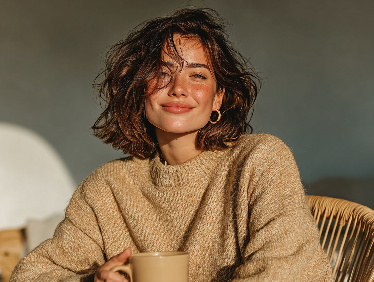 Mulher brunete feliz segurando uma xícara de chá em ambiente clean, representando bem-estar após desparasitação natural.