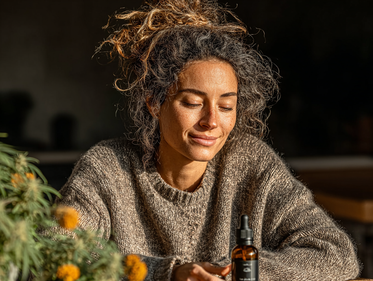 Mulher negra lendo com atenção o rótulo de uma tintura, estudando a tintura de nogueira negra efeitos colaterais.