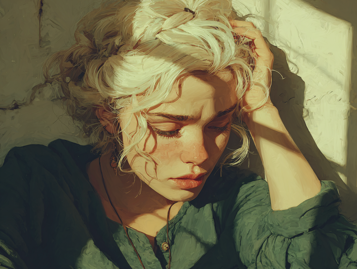 Mulher loira demonstrando cansaço leve e queda de energia, representando sintomas ocultos de vermes