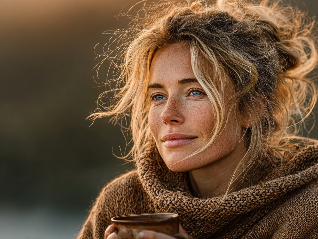 Mulher loira feliz e energizada tomando chá ao ar livre após o protocolo de desparasitação natural.