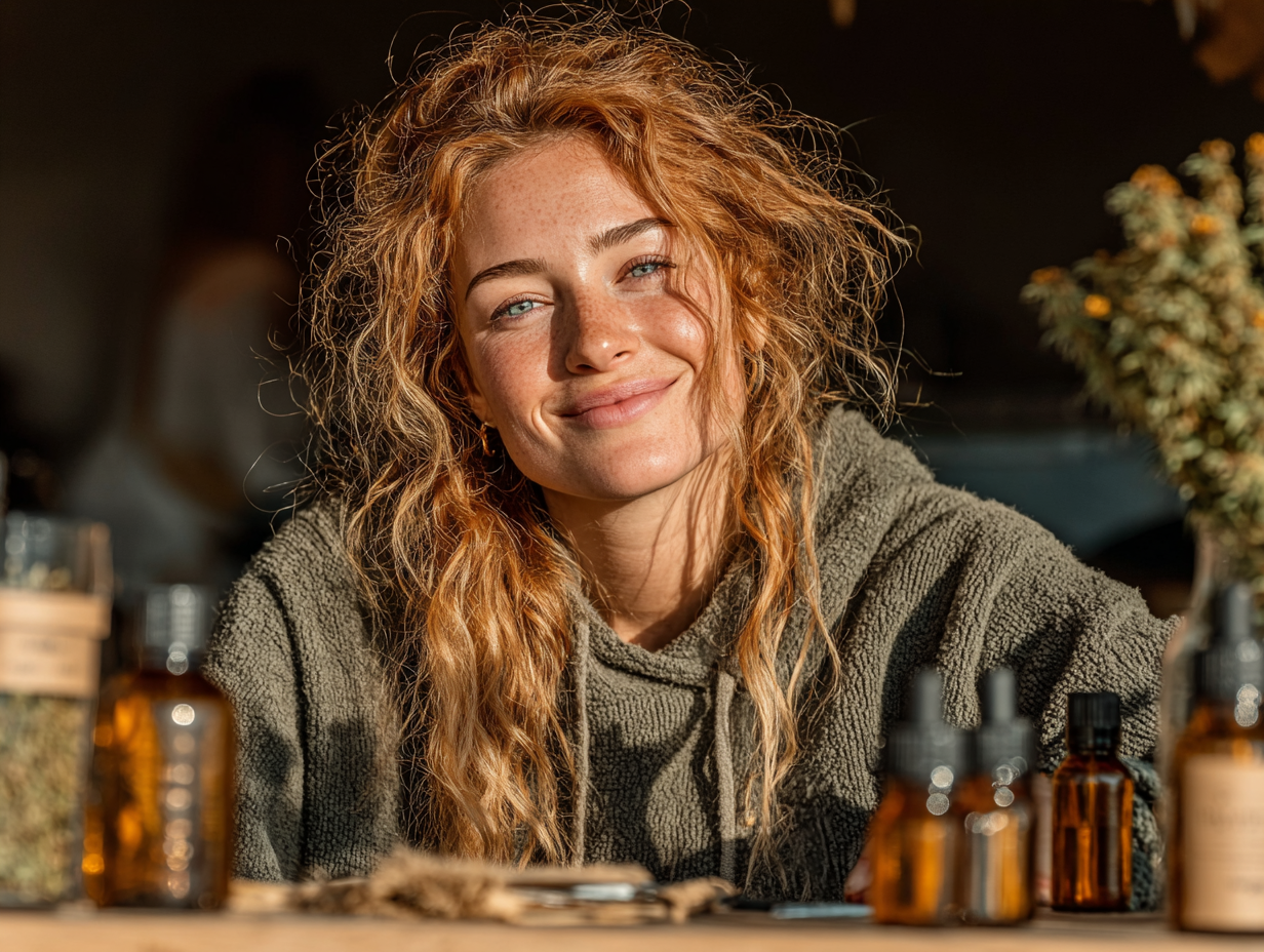 Mulher ruiva sorridente preparando tinturas naturais em ambiente limpo, simbolizando aplicação segura do protocolo Hulda Clark.