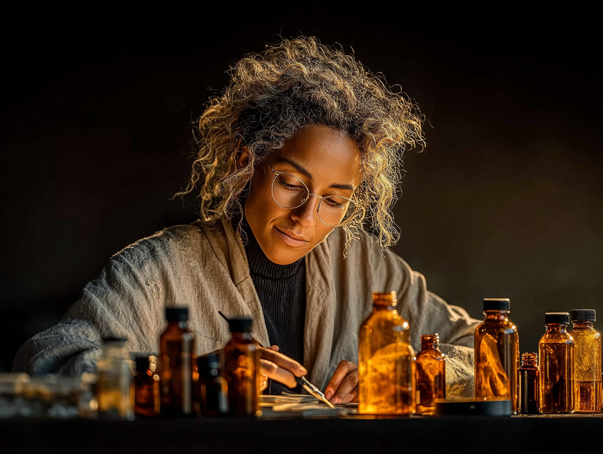 Mulher negra manipulando frascos de tinturas naturais em ambiente limpo e profissional.