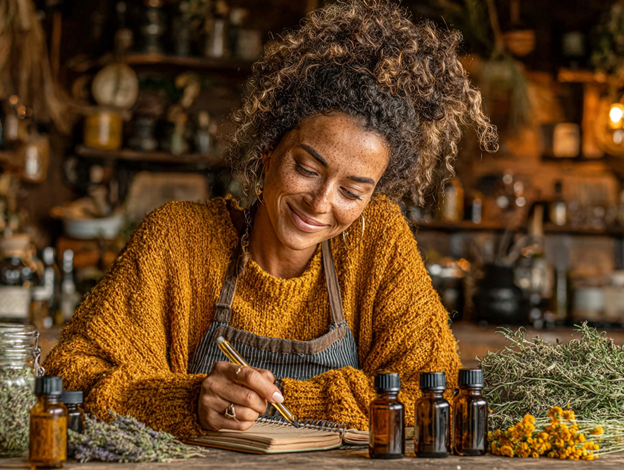 Mulher negra manipulando tinturas naturais enquanto estuda o protocolo Hulda Clark como fazer de forma segura e moderna.