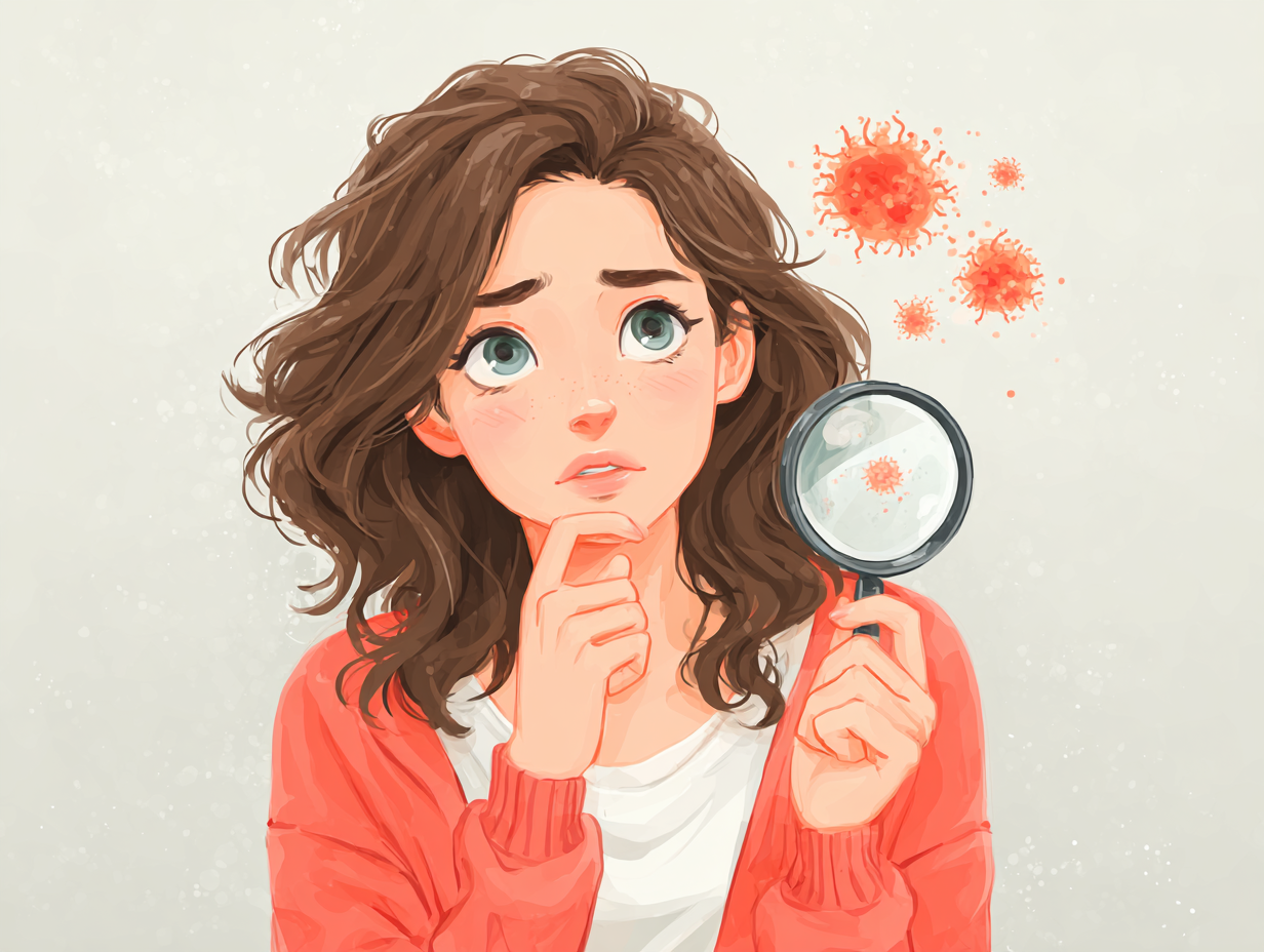 Ilustração flat de uma mulher com lupa observando o fungo da candidíase, representando atenção aos sinais da infecção