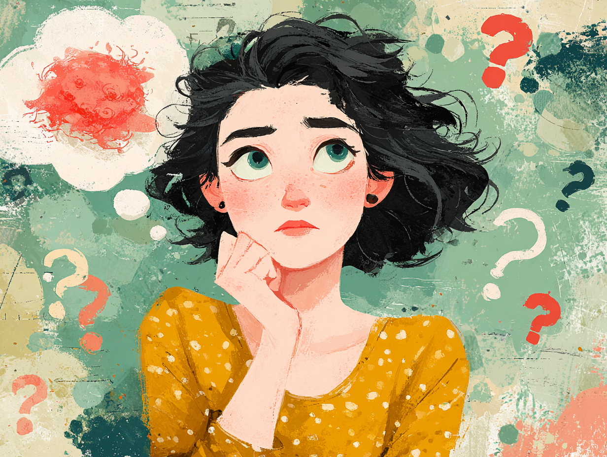 Ilustração flat de mulher com cabelo preto em pose pensativa, mão no queixo, interrogações ao redor da cabeça e um balão de pensamento com um fungo, simbolizando dúvida sobre candidíase