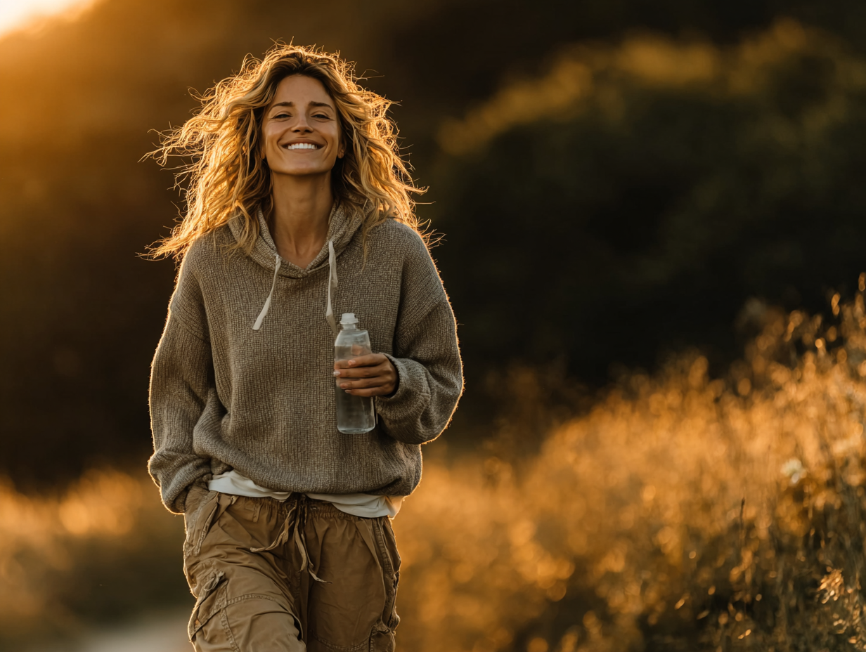 Foto realista de mulher caminhando ao ar livre com expressão leve e saudável, representando recuperação e equilíbrio após episódios de candidíase.
