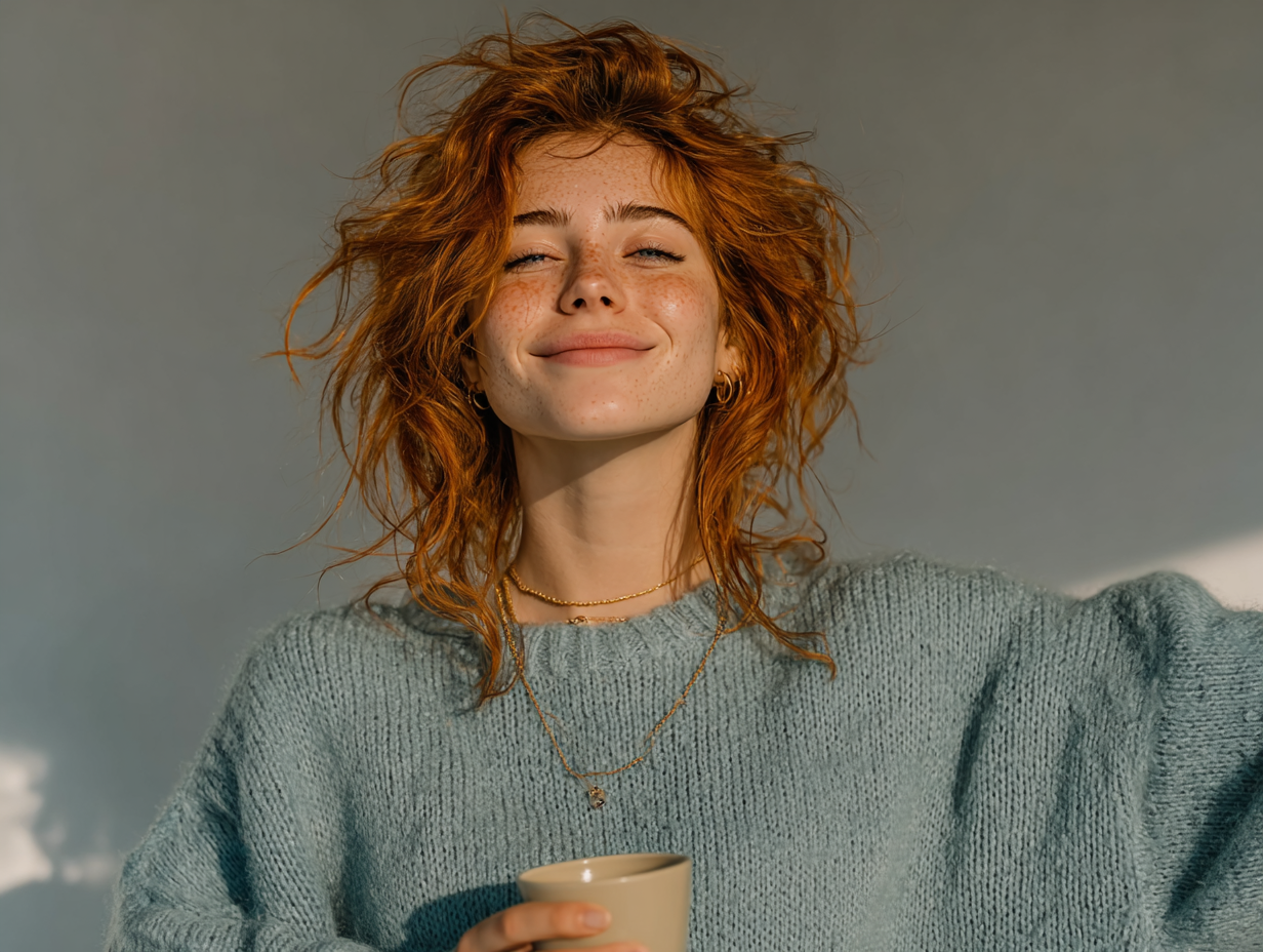 Mulher ruiva estendendo os braços com leveza e alegria em ambiente clean, simbolizando alívio após eliminar vermes que causavam inchaço na barriga.