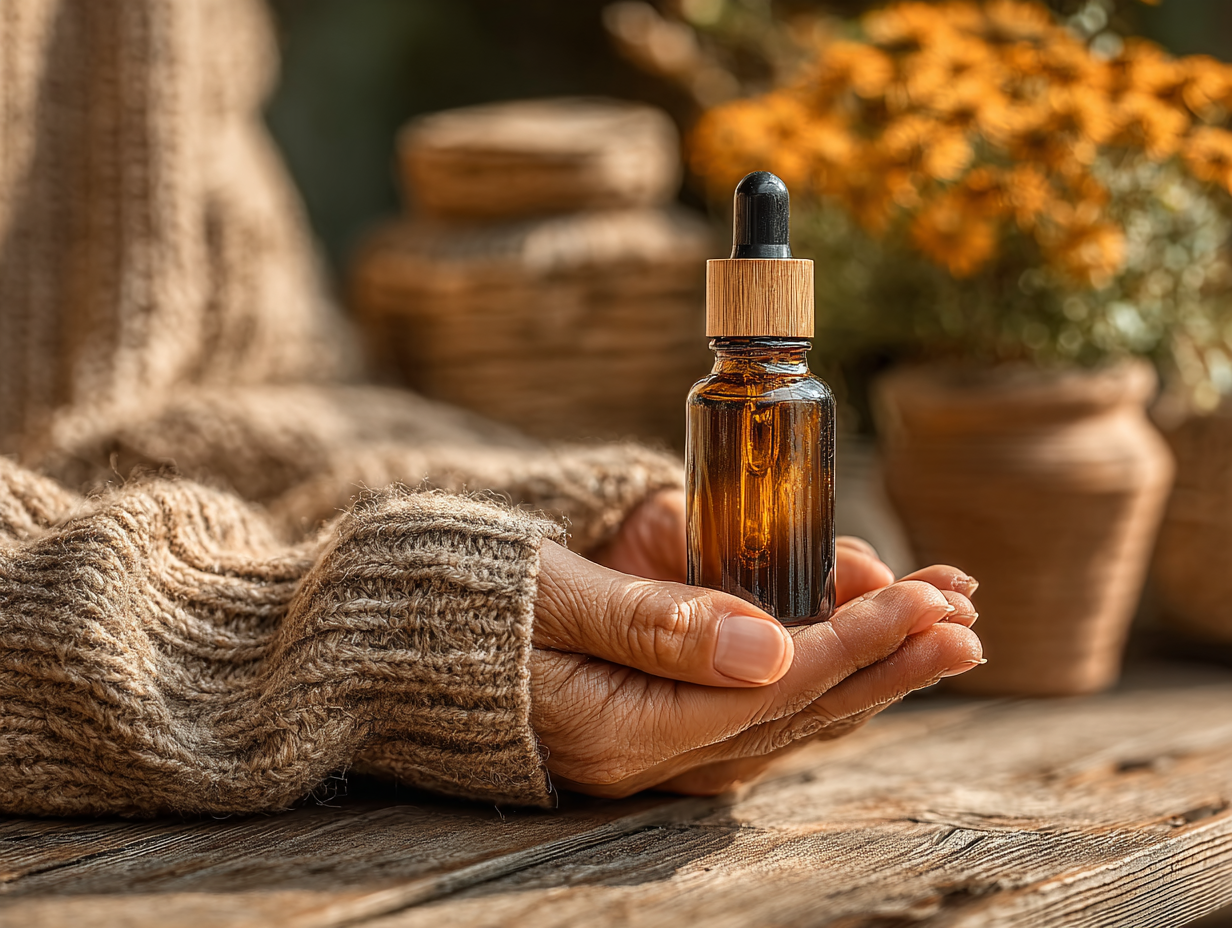 Mão de uma mulher loira bonita manipulando frasco de tintura com conta-gotas, ilustrando quanto tempo dura o protocolo de desparasitação funcional.