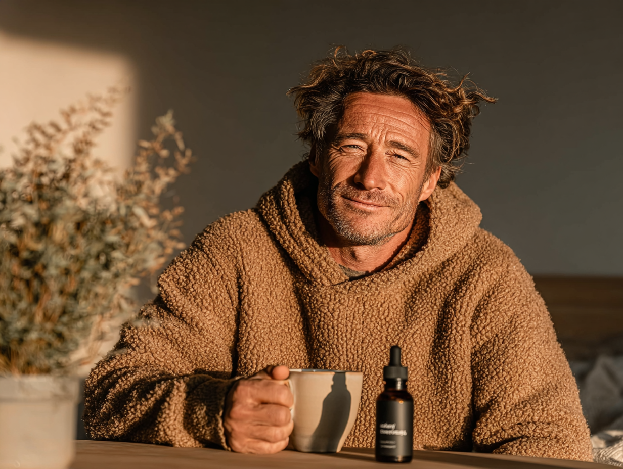 Homem moreno em ambiente claro, tranquilo, preparando sua rotina com tintura natural, simbolizando bem-estar após entender a tintura de nogueira absinto e cravinho como tomar.