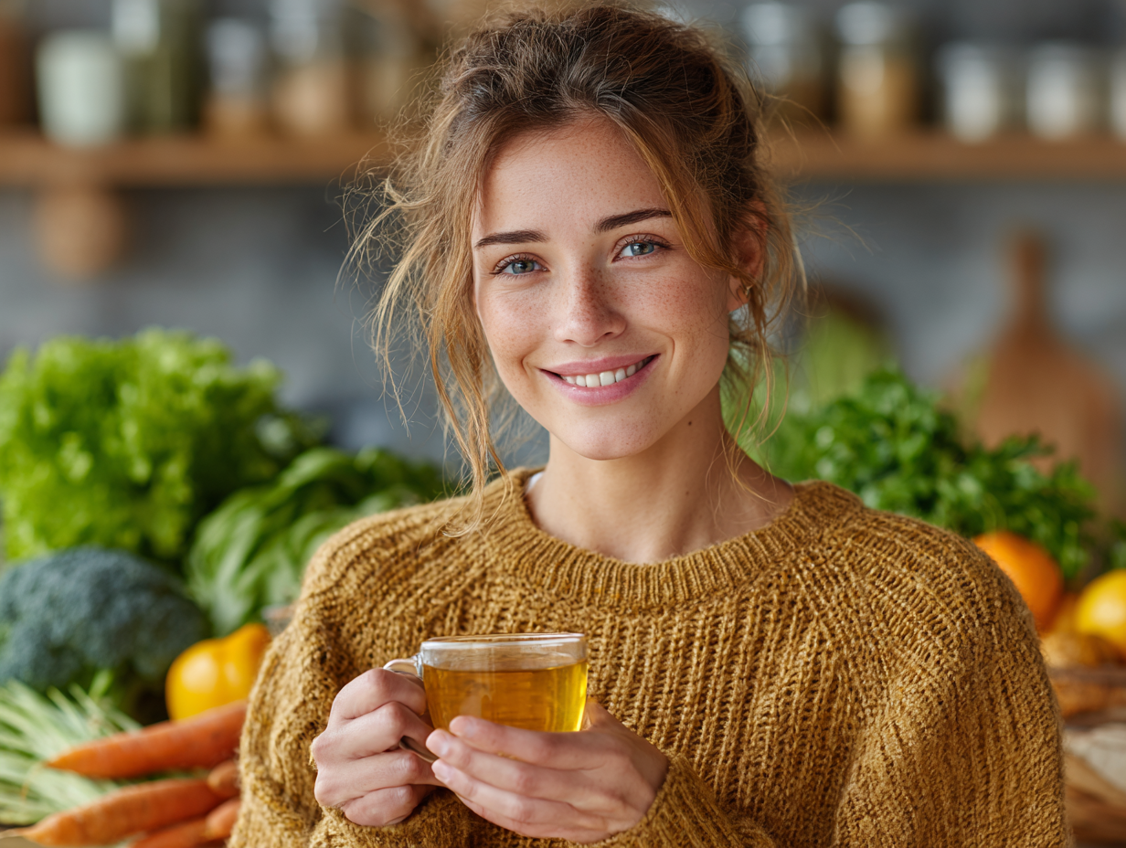 Ilustração de mulher sorridente segurando um chá ou suplemento natural com fundo sutil de intestino saudável.