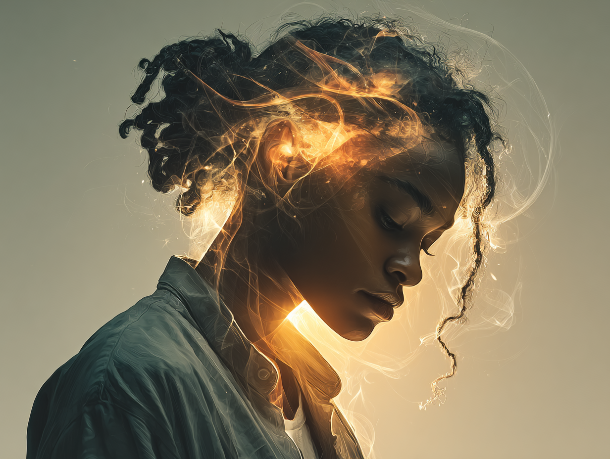 Ilustração simbólica de uma mulher negra com expressão confusa e destaque leve na cabeça, sugerindo sintomas neurológicos causados pela cisticercose.