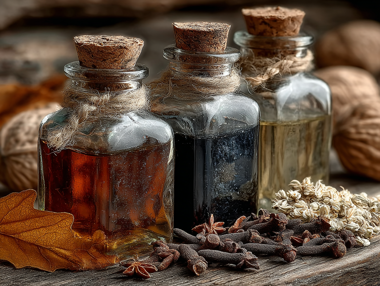 Frascos de tintura de nogueira, absinto e cravinho sem rótulo, representando a combinação tradicional usada na desparasitação.
