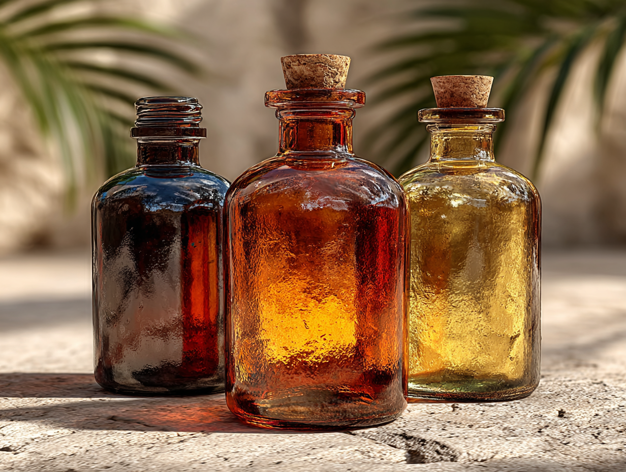 Foto realista das tinturas usadas no protocolo desparasitação humana: nogueira, absinto e cravinho.