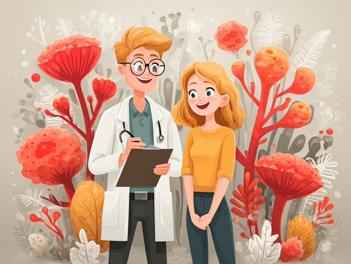 Nutricionista ensinando mulher loira como seguir tratamento para candidíase de repetição, e o que fazer para candidíase não voltar, em estilo flat.