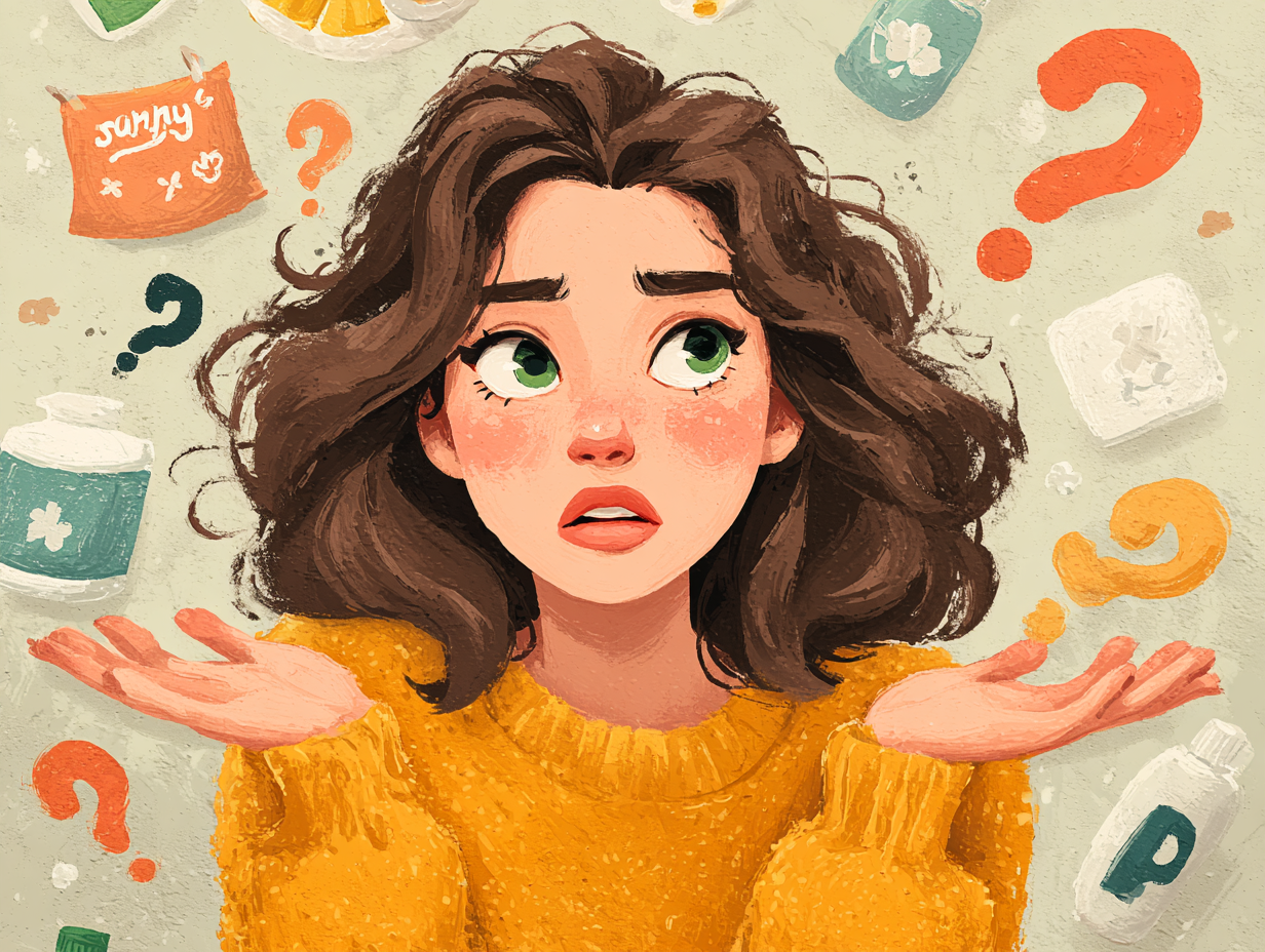 Ilustração flat de mulher pensando com dúvida, cercada por símbolos de alimentos e hábitos que devem ser evitados durante o tratamento da candidíase