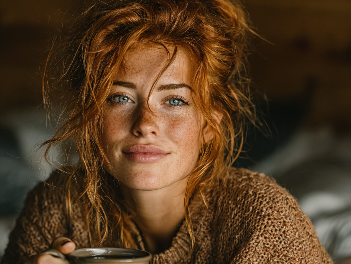 Foto clean de mulher ruiva em ambiente leve, segurando uma xícara, representando bem-estar após suspeita de verminose