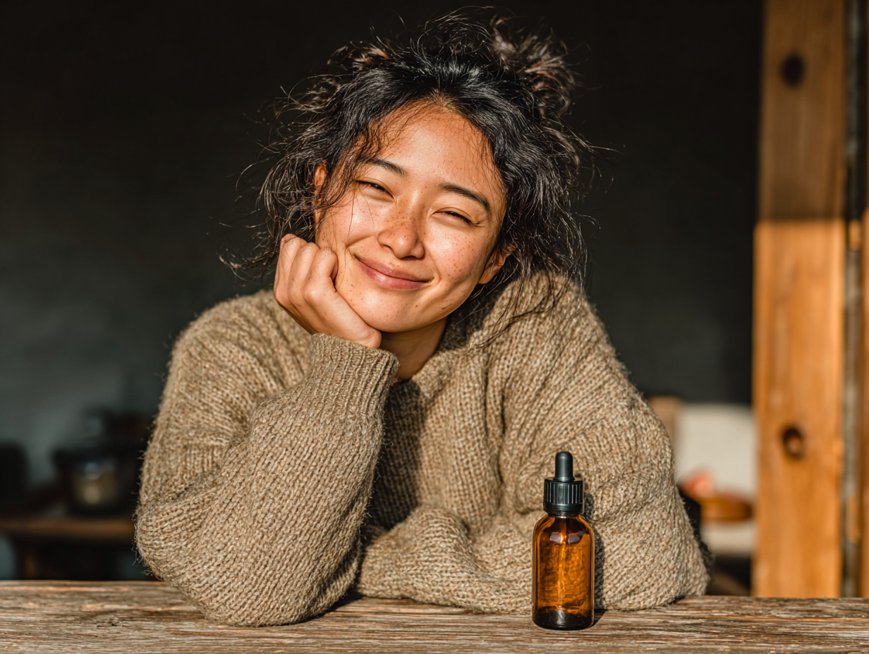 Mulher asiática analisando frasco de tintura de nogueira benefícios, representando os benefícios tradicionais da tintura de nogueira.