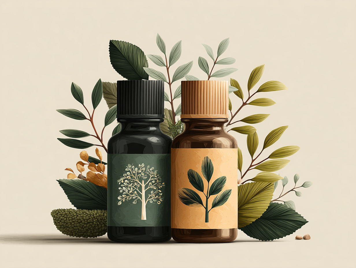 Ilustração flat de frascos de óleos essenciais de tea tree e orégano com folhas ao redor