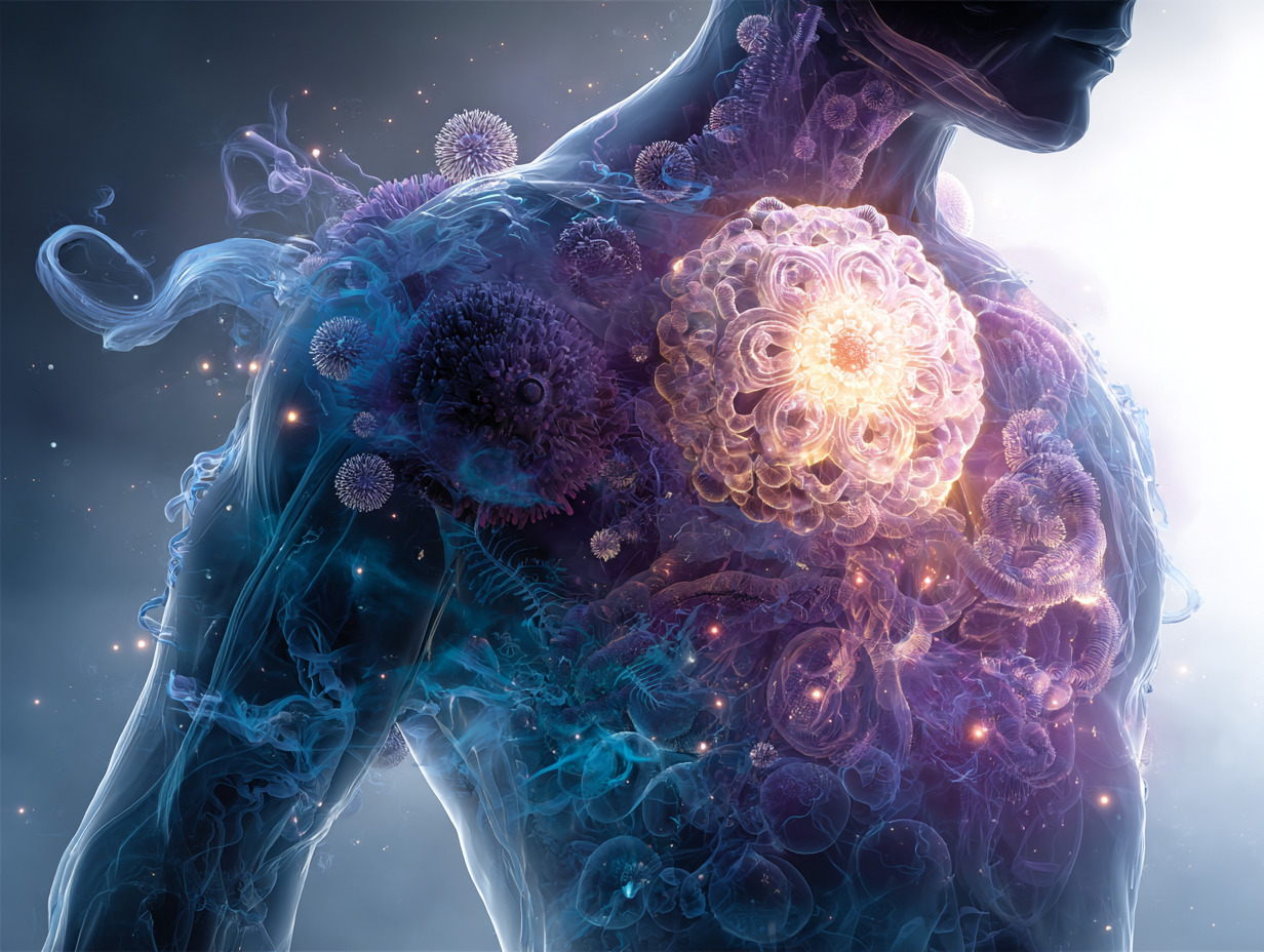 Representação simbólica do organismo humano em desequilíbrio interno causado por parasitas, reforçando a importância da desparasitação humana.