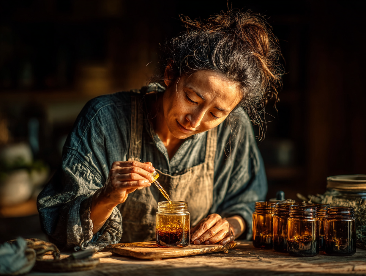 Mão feminina asiática pingando tintura em copo com água, ilustrando o passo a passo da desparasitação com tinturas como fazer.