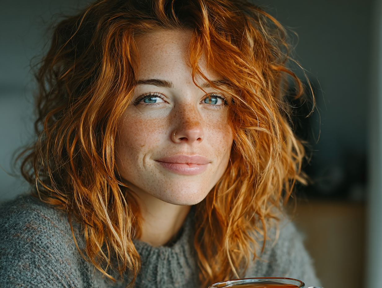 Foto clean de mulher ruiva em ambiente leve, tomando chá com expressão de equilíbrio e bem-estar.