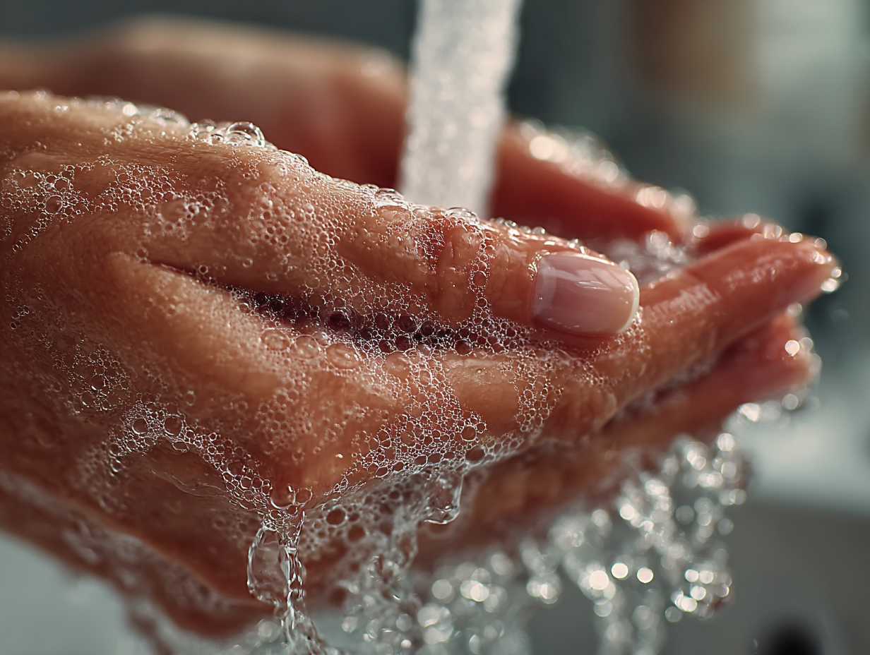 Close-up das mãos de uma mulher morena lavando cuidadosamente as mãos, simbolizando a prevenção contra verme no cérebro por meio da higiene pessoal.