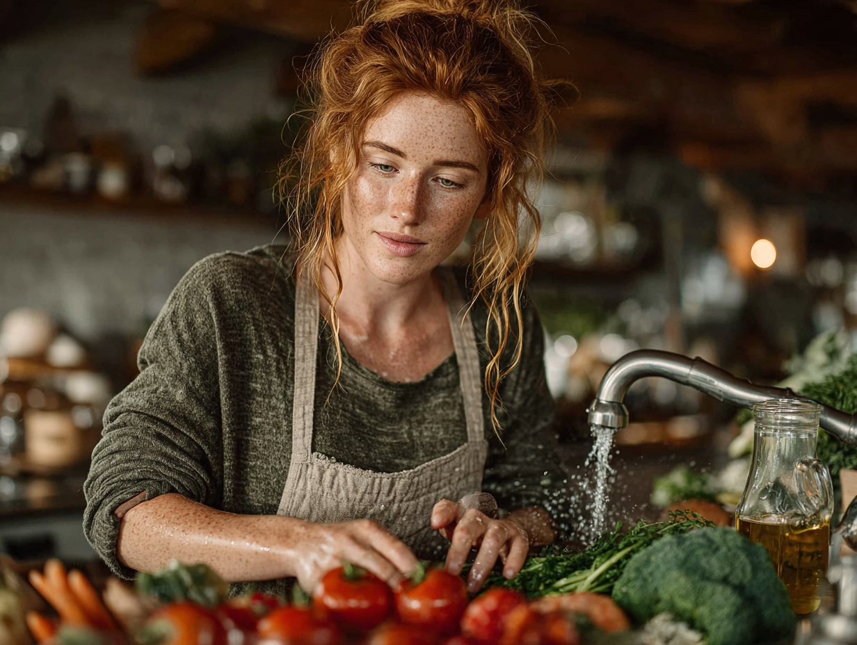 Foto clean de mulher ruiva lavando legumes frescos na pia da cozinha, simbolizando os cuidados para evitar os sintomas de giardia em humanos.